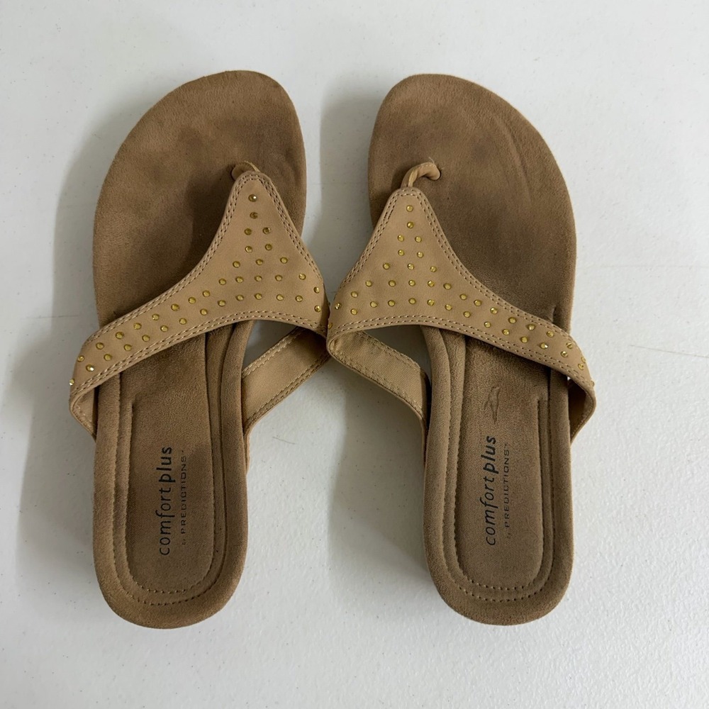 ComfortPlus Predictions tan gold jeweled slip on sandals flip flops shoes casual